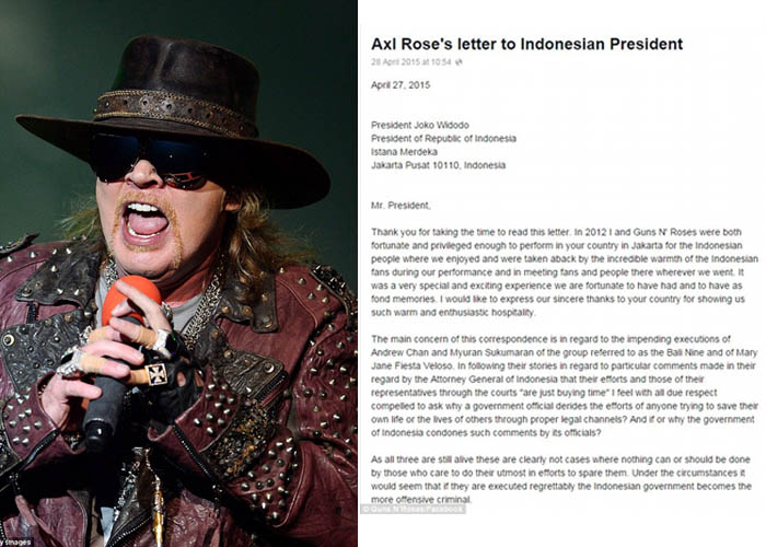 Axl Rose, Vokalis Guns N` Roses Surati Presiden Jokowi Terkait Eksekusi Duo Bali Nine